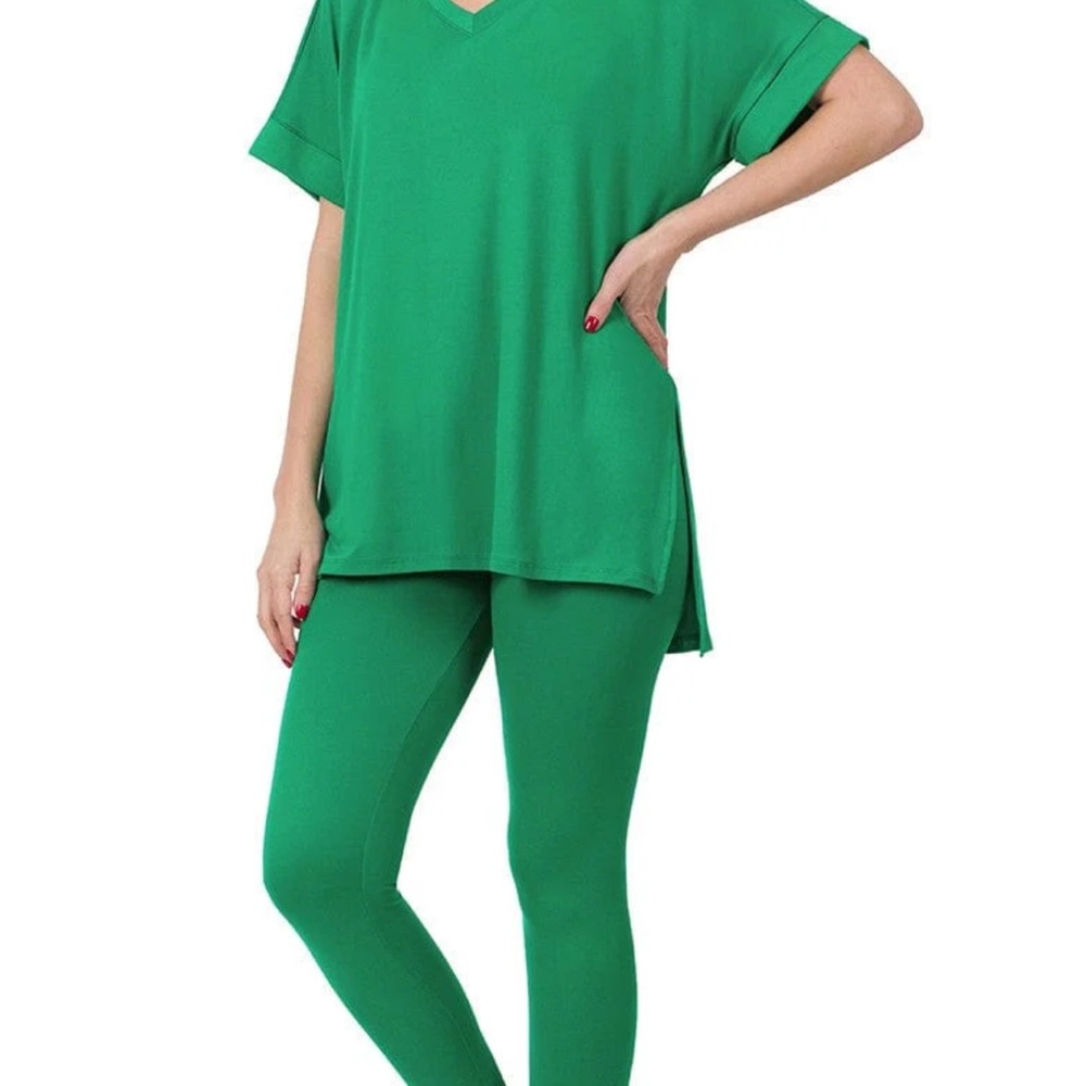 Vibrant Green V-Neck Top and Leggings Set